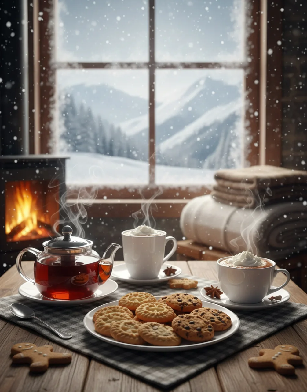 Thé, biscuits, neige, cheminée, ambiance chaleureuse.