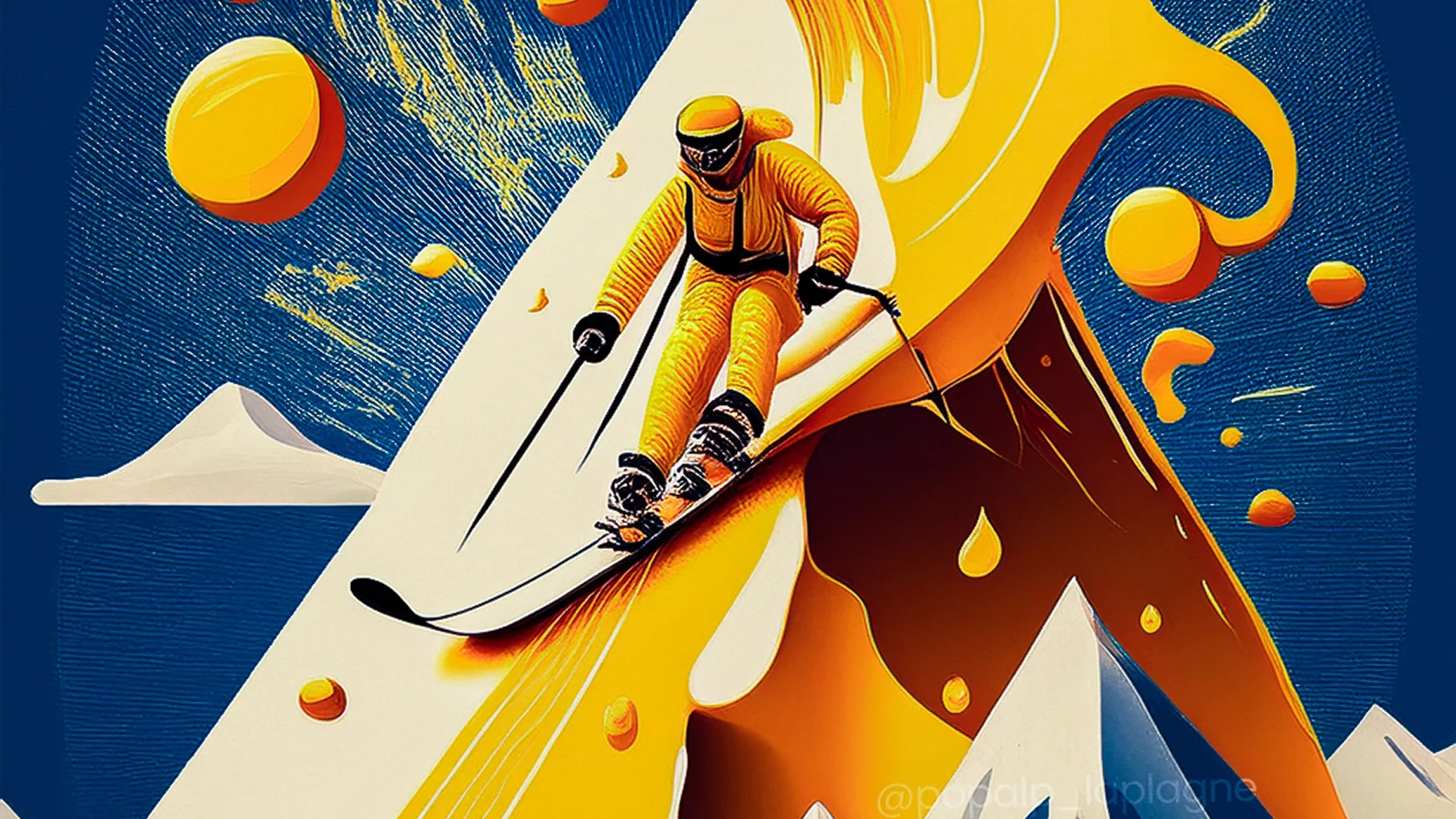 Skieur sur une montagne en tenue orange futuriste.