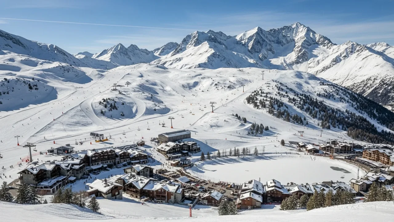 Station de ski enneigée sous ciel bleu.
