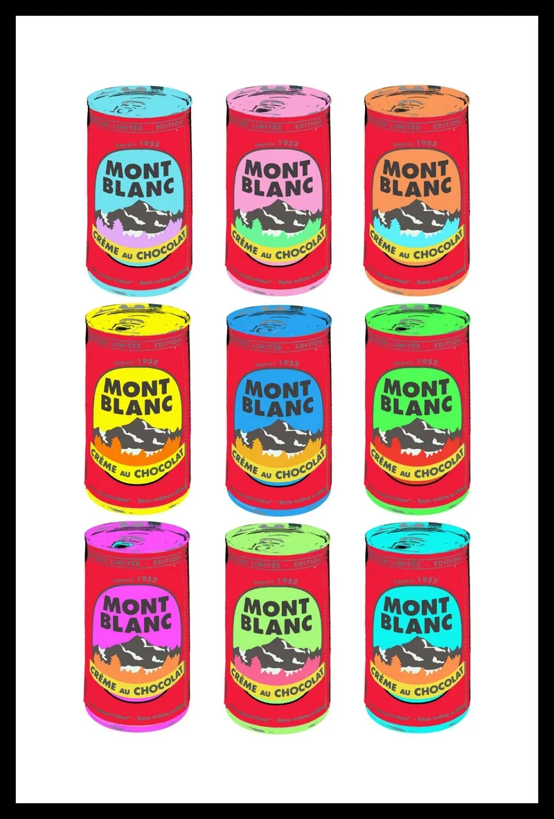Illustration pop art de boîtes Mont Blanc colorées.