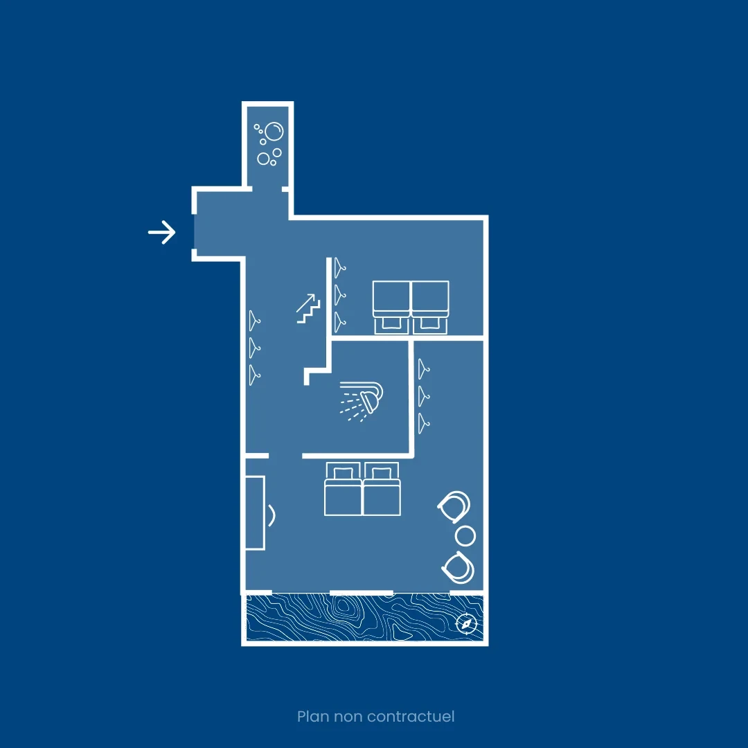 Plan d'étage avec deux chambres et salle de bain.